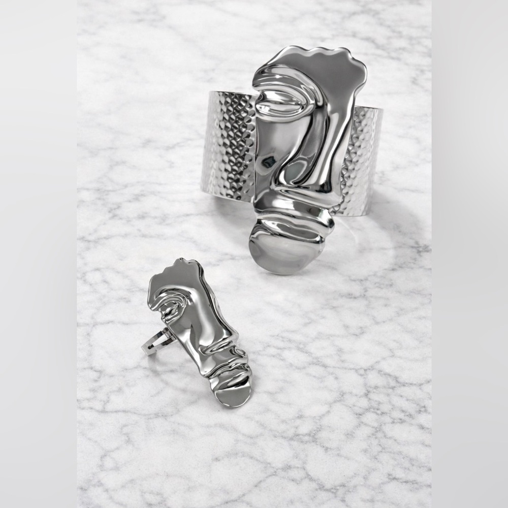 Bohemian Handmade Silver Sculptural Face Bracelet & Ring Set | Statement Jewelry